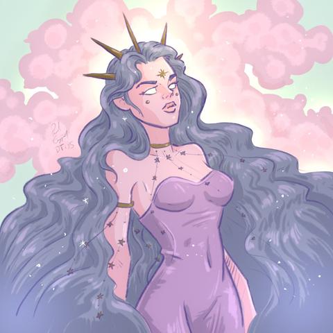 Female goddess with long, purple flowing hair, blank eyes. Purple bodice. Golden spiked crown. Pink cloud in blue sky behind