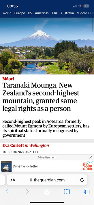 Screen shot of an article with image of mount Taranaki