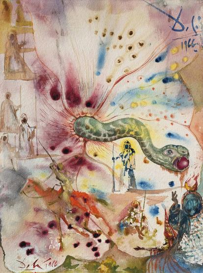 several figures in robes and head dress in the african desert style are standing with staffs, while another is on a horse.  there may be an indication of landscape but no specific details, the landscape would be lost in several colorful blotches of watercolor throughout the piece.  From the center left a green snake with a red apple in its mouth bursts forth from an area of red splotches and radiating orange lines