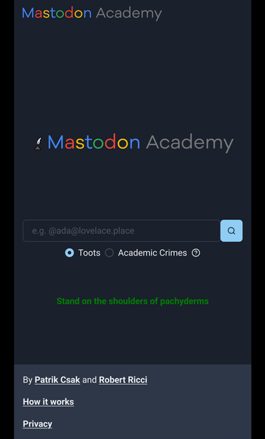 shows a screenshot of a website that mimics (jokingly) the style of goggle scholar, but uses data from the fediverse https://mastodon.academy/