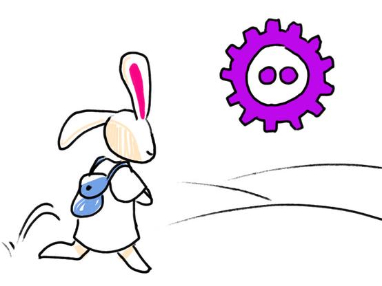 quick sketch of a bunny with a backpack running towards the fosdem logo