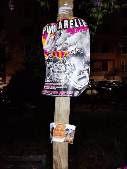 palo di legno con la locandina dell'assemblea e la foto del Berlusca a testa in giù