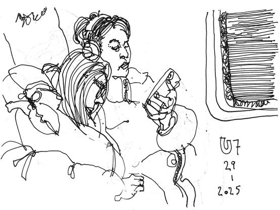 pen drawing of a couple in an underground train.