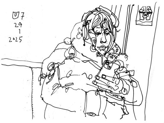 pen drawing of a young woman in an underground train.