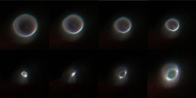 A series of images of a pinpoint light source as captured by a camera lens and a digital camera. The upper left image is rather far on one side of best focus. The lower right image is rather far on the other side of focus. 

This series shows the lens has at least two optical problems. One is a slight alignment/collimation error. The other is astigmatism.

Best focus is not very sharp.