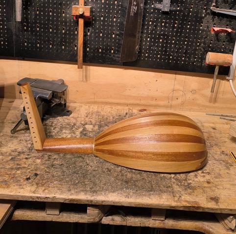 A small soprano lute currently under construction in my workshop. Back/side view.