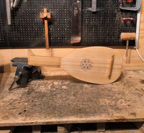 A small soprano lute currently under construction in my workshop. Front view.