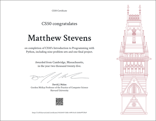 Certificate from harvard's CS50 Introduction To Programming with Python