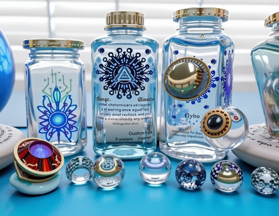 A shop display of intricate glass jars and reflective spheres in blue tones with futuristic apothecary designs.