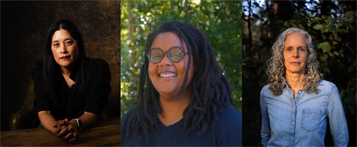 Portrait photos of 3 Atlanta poets, Victoria Chang, E. Hughes, and Lauren K. Watel