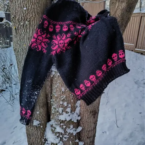 Kuvassa kaarrokeneule. Neuleen pohjaväri on musta. Neuleen kuviointi on pinkkiä. Neuleen  rintamusta kiertää lumihiutalekuvia, joka tarkemmin katsoen koostuu pääkalloista. Myös hihansuita ja helmaa kiertävät pääkallot.