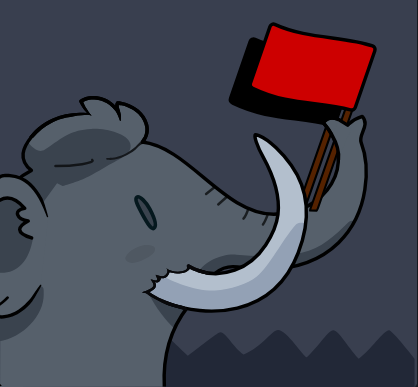 Mastodon Mascotchen mit einer schwarzen hinter einer roten Flagge in Anlehnung an das Antifa Logo