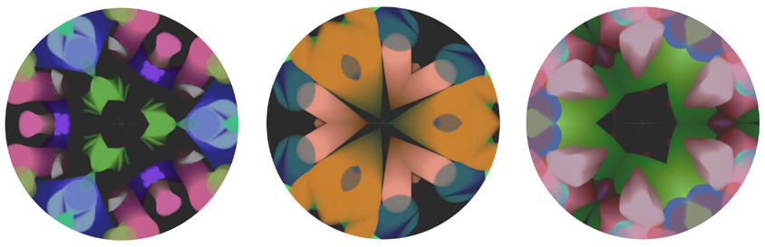 3 screenshots of a generative kaleidoscope. All three are circular and divided into 6 panels. Each panel reflects into the other. The first is mainly pink, green and blue, the second if organge and pink, with much larger shapes. The final has a black centre with green and pink layers moving outwards.