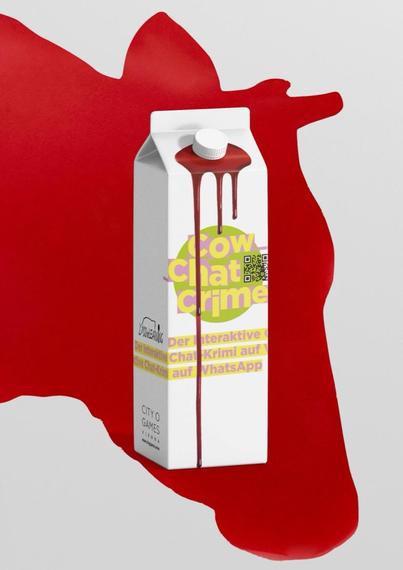 a milk carton but instead of milk blood is oozing out of it. on it the title reads "cow chat crime". behind it, as a sort of shadow but in red, the large head of a cow