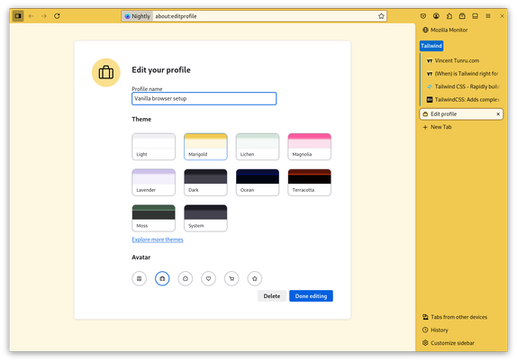 Yellow-tinted Firefox window showing an "Edit your profile" section in the tab area, a sidebar with vertical tabs next to it, with a couple of Tailwind-related tabs grouped by a blue line ending in a "Tailwind" label. It's looking really clean!