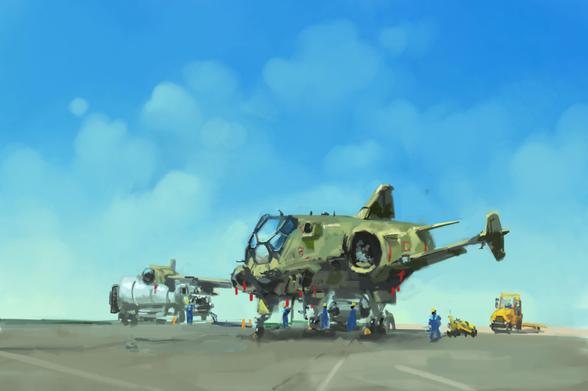 Digital painting of sci-fi asymmetric jet bomber being checked on by a host of mechanic at the flight line