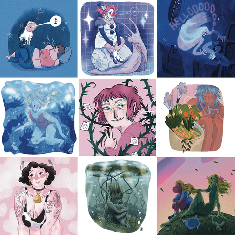 A grid of 9 colorful illustrations. Topics depicted are dreamy, soft and contemplative. The 9 illustrations will be described in alt-text in the next 8 slides.