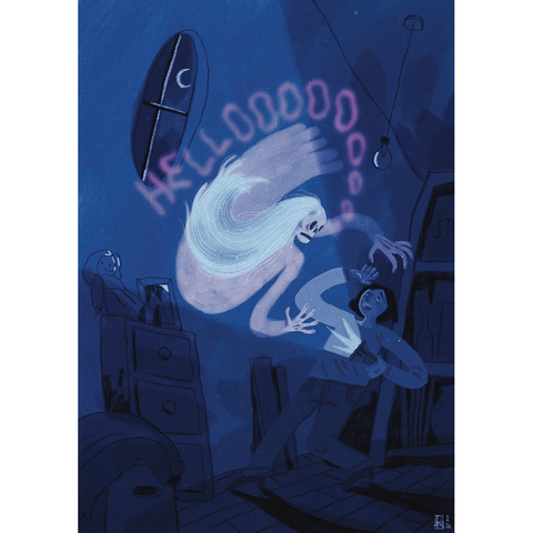An Illustration of a ghost greeting a person visiting an attic. The ghost has long white hair and wears a long pink gown. The human holds a flashlight and seems frightened by the ghost. Main colors are dark blues and pink with white accents.