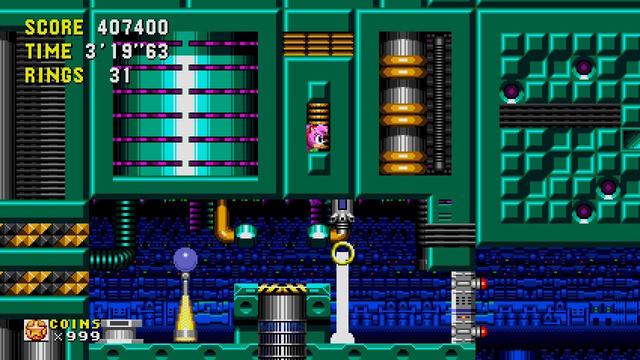 Screenshot from Sonic CD. Amy appears to be stuck inside the ceiling with only her face visible.