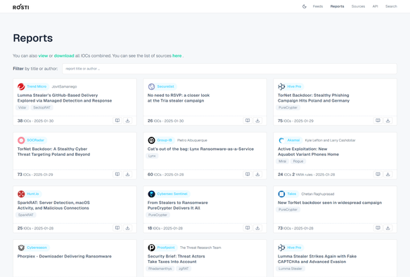 Screenshot of the "reports" section of Rösti. The page displays multiple reports in a grid format, each with a card-like design. Each card includes information such as the report title, author, publication date, associated threat indicators (IOCs and YARA rules), and source organization.