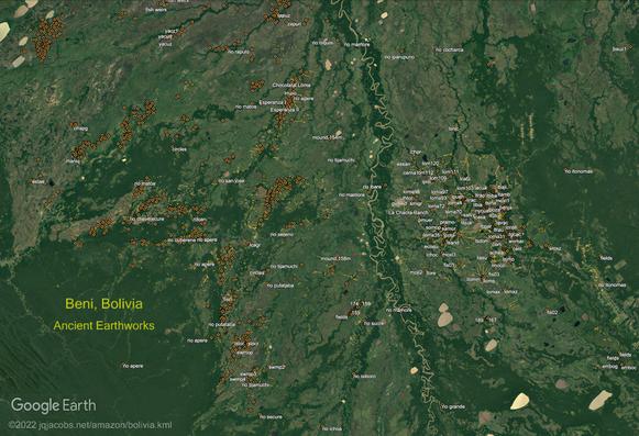 Satellite image of Llanos de Mojos region in Beni, Bolivia with hundreds of placemarks of visible earthworks, raised fields, mounds, canals, and causeways.  From jqjacobs.net/kml.