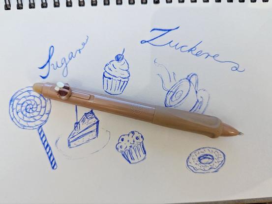 Kugelschreiberzeichnung von Süßigkeiten: Lolli, Kuchenstück, Muffins, Kaffeetasse, Donut. In der Mitte liegt der hellbrauen Stift.