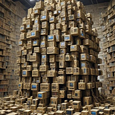 A tower of computers in a large room with books on the walls