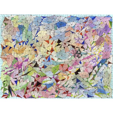 Abstract drawing with points connected by lines. The resulting surfaces are filled with different colors. This creates a rhythmic composition and makes it seem as if everything is connected.