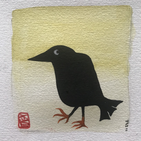 Watercolor illustration of a mistrustful raven in a graphic style