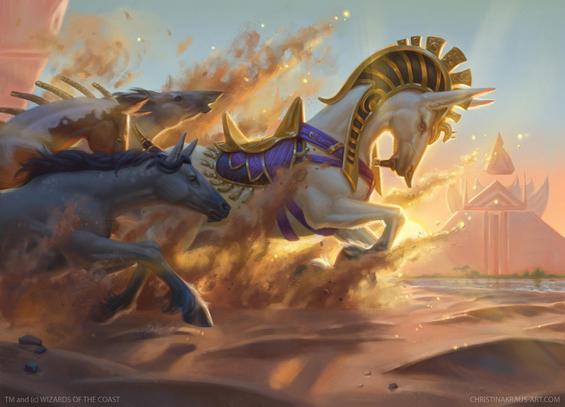 A majestic horse with a crown like garment on its head and a saddle running in the desert with the sun setting behind it. Its followed by three other horses. The stirred up sandshimmers in the sun. There is a pyramid like structure and a river in the background.