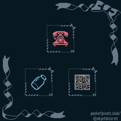 a pixel art illustration of a rotary telephone, an empty bottle, and a QR code that represents a web address (https://objetdiscret.itch.io/tai-fab-museum).