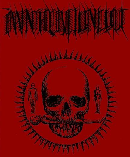 Graphic from cover of new Annihilation Cult self titled record wish logo and skull with human in mouth in black on a red background