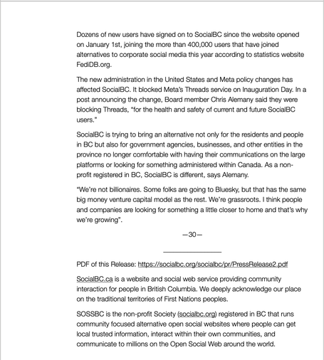 2nd page of press release formatted with a clean layout. It features a title emphasizing SocialBC's user growth and an introduction discussing the platform's launch on January 1. The text is organized into paragraphs detailing the challenges posed by Meta's Threads blockage, quotes from Board member Chris Alemany about SocialBC’s objectives, and the platform's mission. The document utilizes a standard serif font, and features a PDF link for further details, maintaining clear readability and structure throughout.