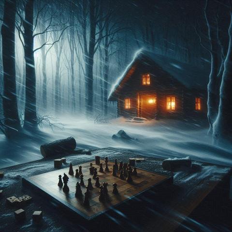 Schneesturm in einem Wald. Ein Hütte im Wald mit beleuchteten Fenstern ist im Hintergrund zu sehen, im Vordergrund ein Schachbrett.

Grafik: Thomas Trueten