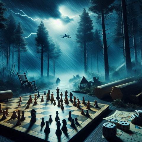 Ein von einem Sturm gepeitschter, dürsterer Wald. Ein Spielbrett im Vordergrund. Links ein alter Schaueklstuhl rechts undefinierbare Gegenstände am Wegesrand. Am von einem Blitz durchzuckten Himmel ist eine Drohne zu sehen.

Grafik: Thomas Trueten