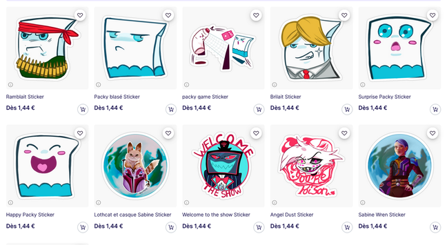 Capture d'écran de sa boutique RedBubble, avec 10 articles variés.