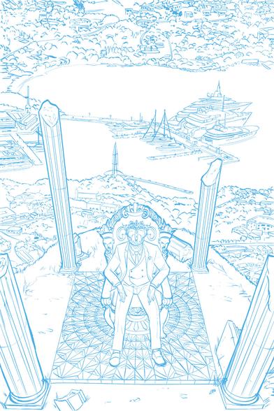 cover illustration depicting a crowned man in a suit sitting over a bay filled with yachts