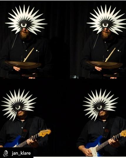 Band Tunnel&Meadow, four images of 2 people, black background, upper 2 a drummer, lower 2 a guitarist. All persons with a white mask of beams round a comic-like eye.