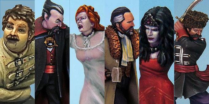 Five vampire-themed miniatures are displayed, including a caped figure, women with red dresses, and a man in a coat, set against a light blue background.