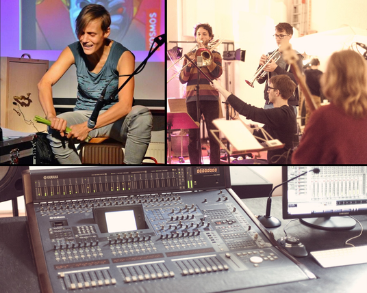 collage: top right Almut making sounds with vegetables, top left band  two men playing a trumpet, one conducts and the back of a person bottom a mixing desk