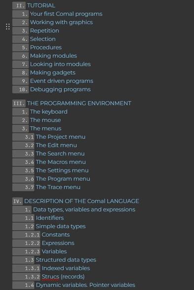A screenshot od the manual index I'm rewriting about COMAL language