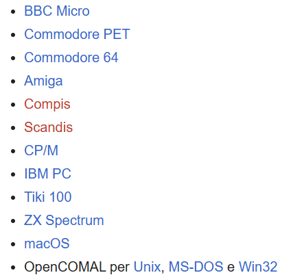 Screenshot of several platforms for which COMAL was available including: BBC Micro, Commodore PET, Commodore 64, Amiga, Compis, Scandis, CP/M, IBM PC, Tiki 100, ZX Spectrum, MacOS, Unix, MS DOS and Windows32