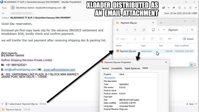 XLoader distributed as a RAR attachment to an email.  The malware is a Windows executable file within that RAR archive.