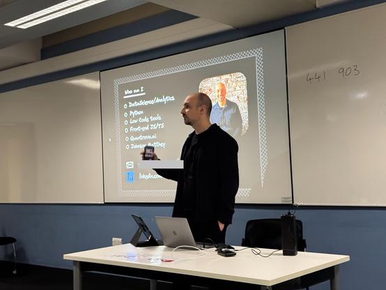 Our speaker, Stam, introducing himself at Front End Sheffield. He’s interested in data science and analytics, Python, low code tools, front end JS and TypeScript.