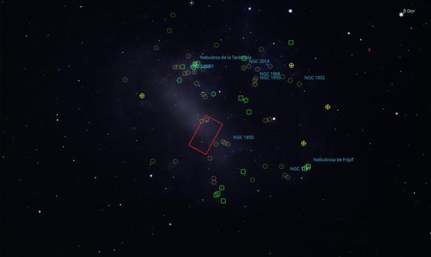 Se muestra, en rojo, la porción que abarca la imagen dentro de la galaxia irregular