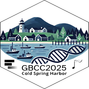 Winning logo design for GBCC2025 at CSHL, depicting a coastal scene with a DNA strand, plus the Bioconductor and Galaxy logos, representing genomics and bioinformatics.