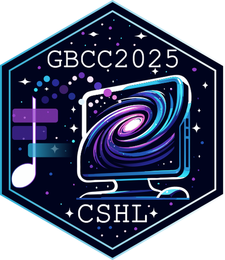 Runner-up logo design for GBCC2025 at CSHL, featuring a galaxy inside a computer monitor, with the Bioconductor and Galaxy logos, symbolising bioinformatics and data science.