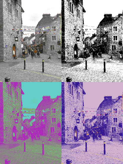 A set of four dithered images of the Latin Quarter in Galway Ireland. The top left is full color, the top right is black and white, the bottom left is green purple and blue, and the bottom right is dark and light purple if red, yellow, and blue accents.