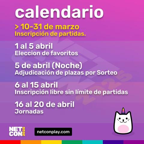 Calendario
10-31 de marzo: inscripción de partidas
1-5 de abril: elección de favoritos
5 de abril: sorteo de plazas
6-15 de abril: inscripción libre
16-20 de abril: jornadas