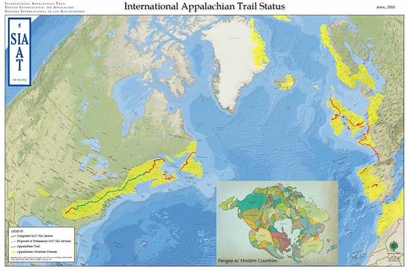 map - International Appalachian Trail - with inset of Pangea with overlain modern country boundaries